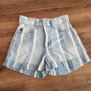 KanCan High-rise, Cuffed, Blue and White Striped Denim Shorts